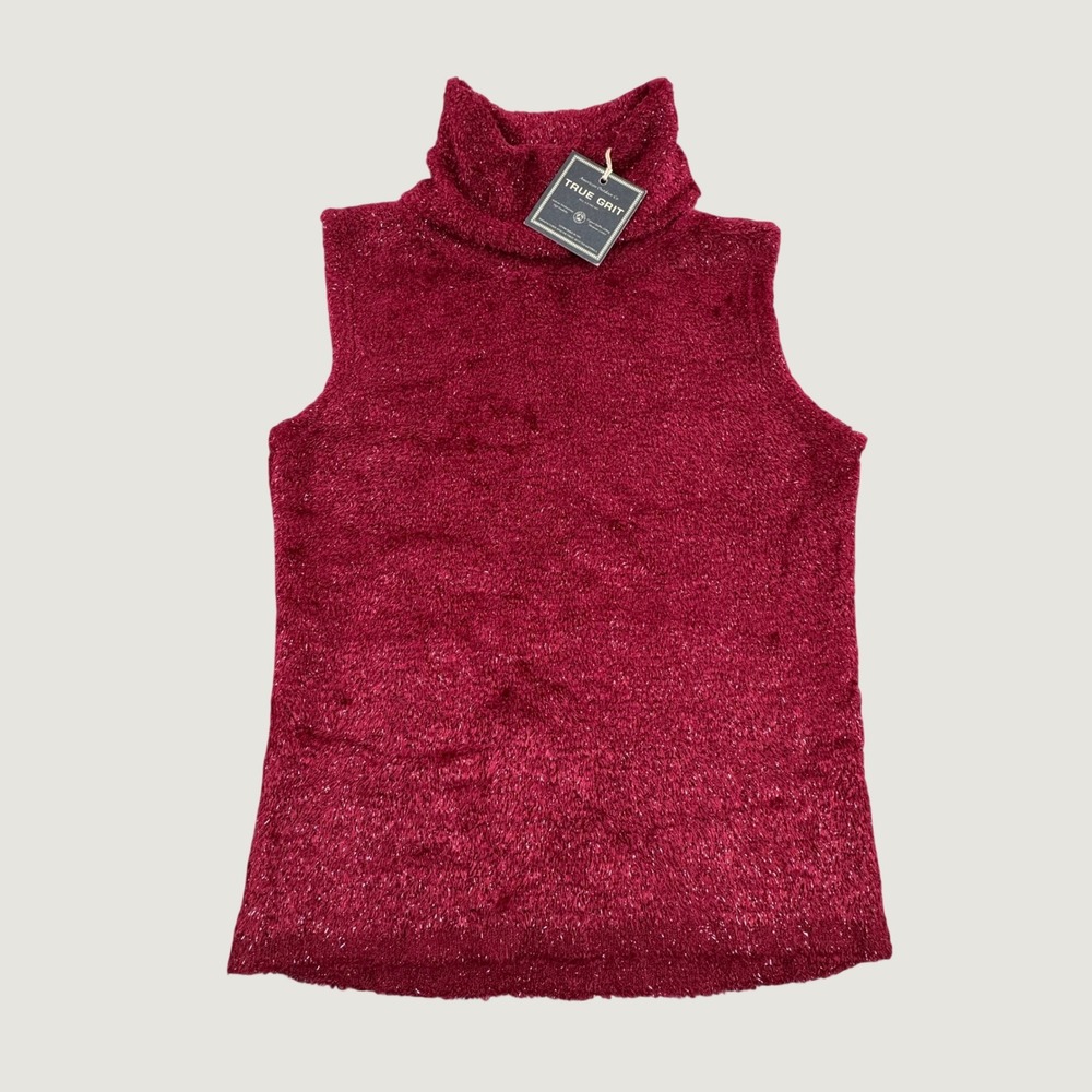 True Grit Women Sleeveless Turtleneck Sweater Wine Red Metallic Fleck Small NEW